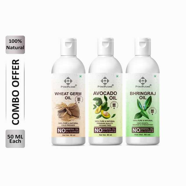 Puriflame Pure Wheat Germ Oil (50 ml), Avocado Oil (50 ml) & Bhringraj Oil (50 ml) Combo for Rapid Hair Growth (Pack Of 3) (B-14138)