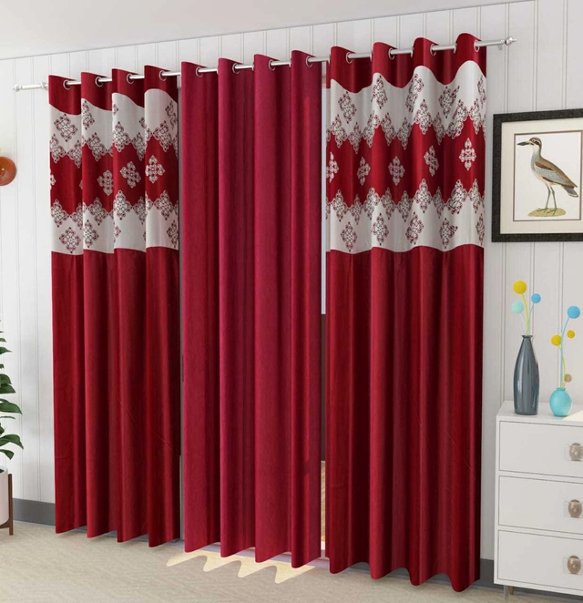 Polyester Room Darkening Printed Door Curtains (Maroon, 7 Feet) (Set of 3)