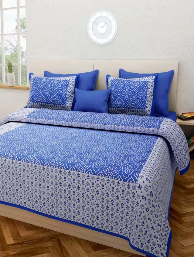 Queen Size Double Cotton Bedsheet with Two Pillow Cover (Blue, 90X100 Inches) (Vc-202)