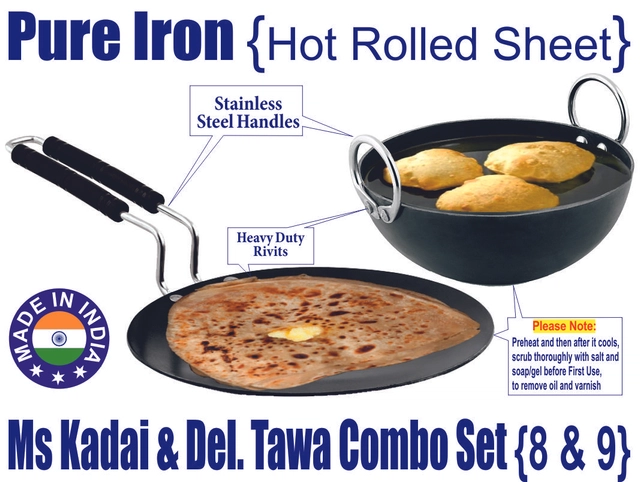 Iron Non Coated Kadai (1 L) with Tawa (Black, Set of 2)