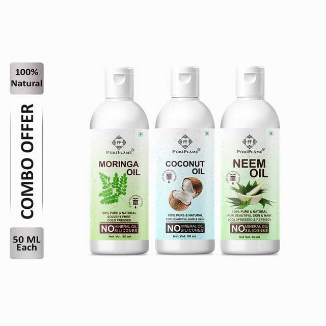 Puriflame Pure Moringa Oil (50 ml), Coconut Oil (50 ml) & Neem Oil (50 ml) Combo for Rapid Hair Growth (Pack Of 3) (B-11766)