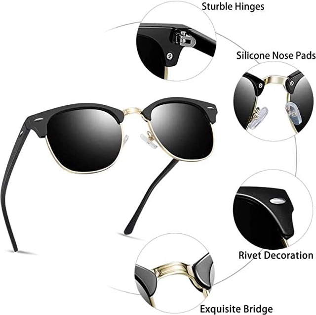 Classic Semi-Rimless Frame Clubmaster Non-Polarized Sunglass for Men & Women (Black)