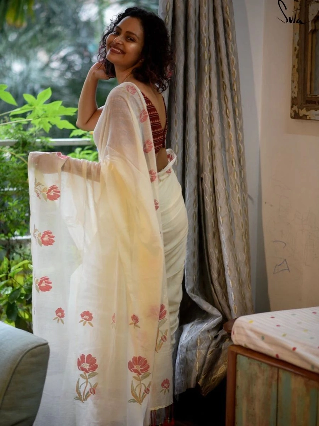 Linen Printed Saree for Women (White & Red, 6.3 m)