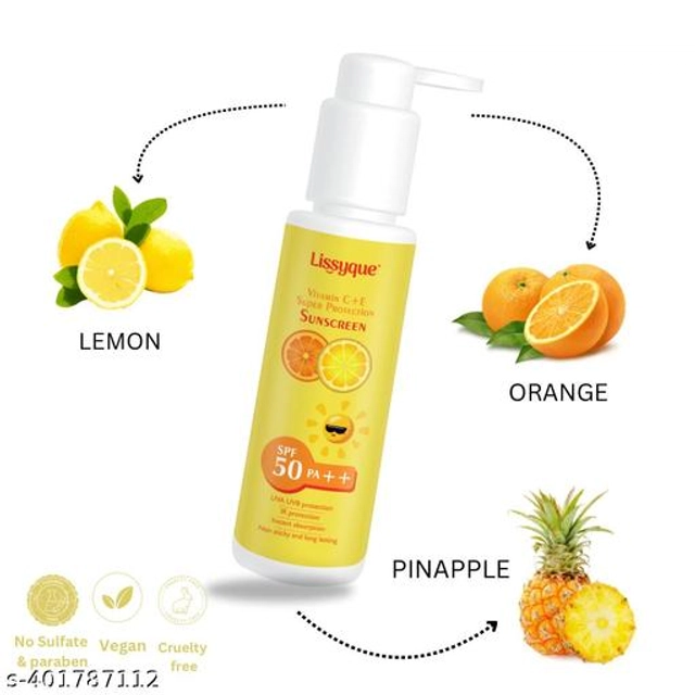  Lissyque Vitamin C and E Sunscreen Lotion for UVA and UVB Protection, SPF 50+, Fast Absorbing and Non-Greasy, 100ml