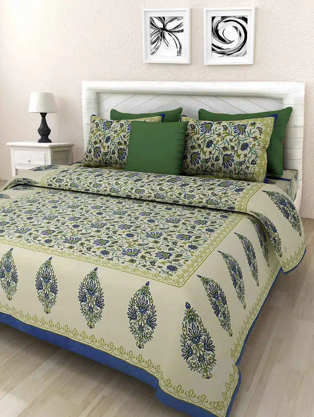 Rajasthani Traditional Cotton Bedsheet With 2 Pillow Covers (Blue, 567 X 94 Inch) (Mc-482)