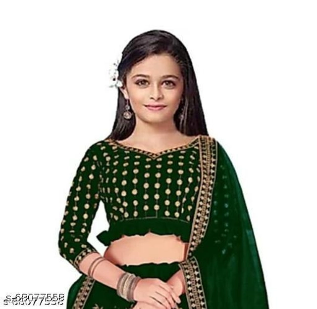 Satin Embroidered Lehenga with Choli & Dupatta for Girls (Green, 2-3 Years)