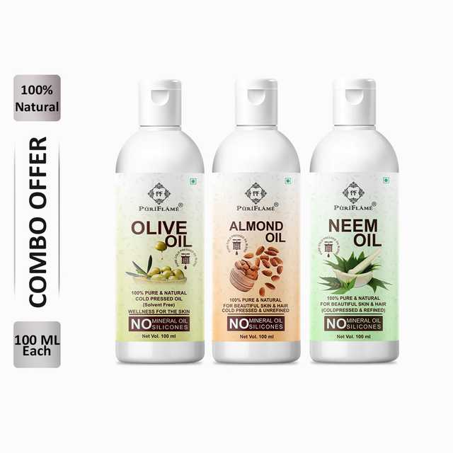 PuriFlame Pure Olive Oil (100 ml) & Almond Oil (100 ml) & Neem Oil (100 ml) Combo For Rapid Hair Growth (Pack Of 3) (B-6041)