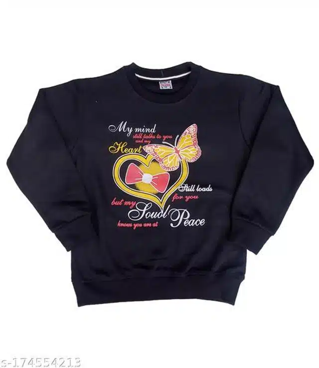 Fleece Printed Full Sleeves Round Neck Sweatshirt for Girls (Black, 3-4 Years)