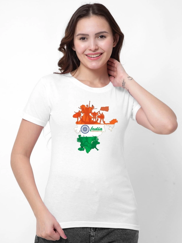 Cotton Round Neck Independence Day Printed T-Shirt for Women  (White, S )