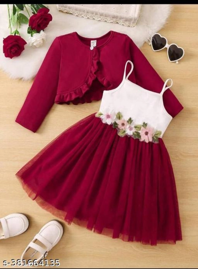 Crepe Printed Trim Jacket with Cami Dress for Girls (Maroon & White, 0-3 Months)