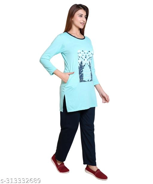 Woolen Nightsuit for Women (Aqua Blue, M)