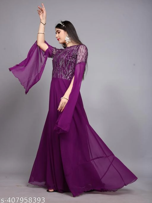 Georgette Embellished Gown for Women (Wine, S)