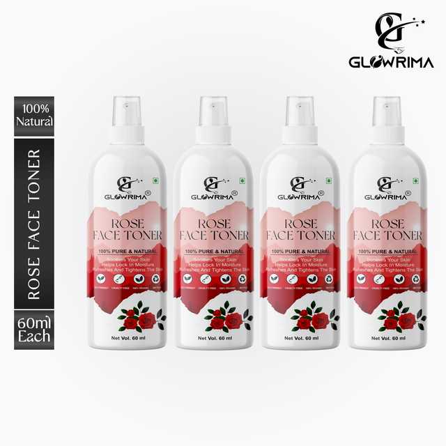 Glowrima 100% Natural Rose Toner For Cleansing & Refreshing Skin Pore Tightening Toner With Spray (60 ml, Pack Of 4) (G-1443)