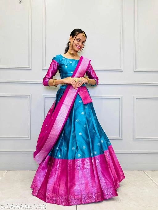 Art Silk Woven Design Semi Stitched Lehenga with Choli & Dupatta for Women (Blue & Pink)