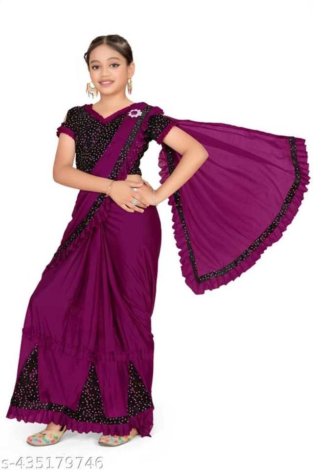 Poly Silk Solid Saree with Blouse for Girls (Purple, 3-4 Years)