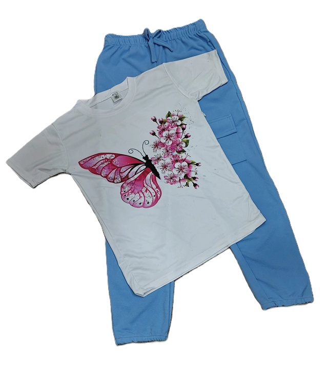 Cotton Blend Printed Clothing Set for Girls (Blue & White, 9-10 Years)