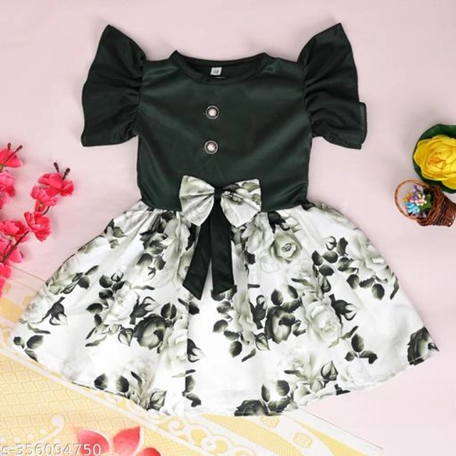 Crepe Printed Frock for Girls (Green & White, 0-3 Months)