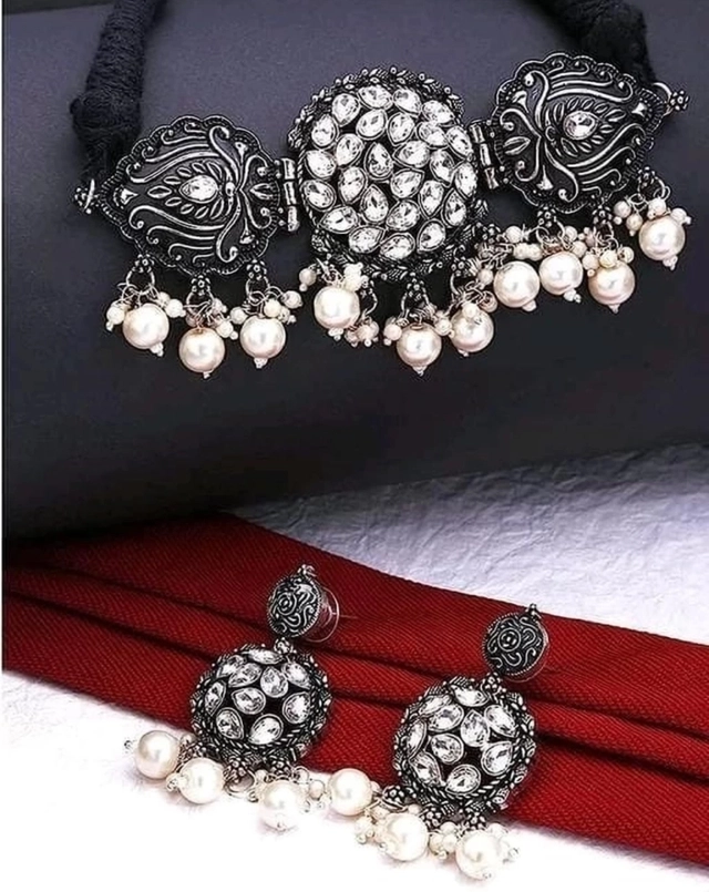 Designer Necklace with Earrings Set for Women & Girls (White, Set of 1)