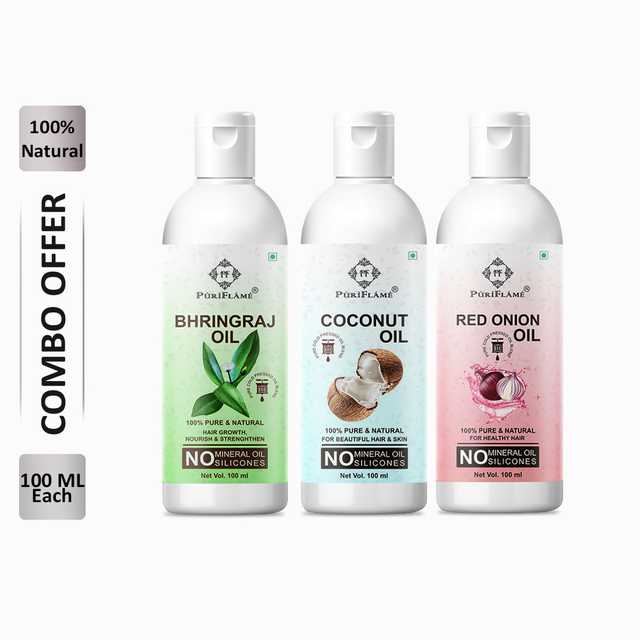 PuriFlame Pure Bhringraj Oil (100 ml) & Coconut Oil (100 ml) & Red Onion Oil (100 ml) Combo For Rapid Hair Growth (Pack Of 3) (B-2714)