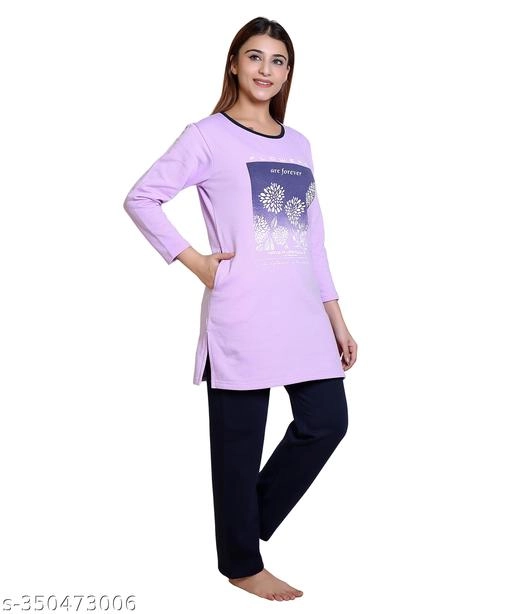 Wool Nightsuit for Women (Lavender & Blue, L)