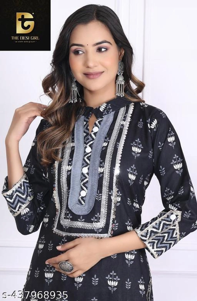 Cotton Printed Kurti with Pant for Women (Navy Blue, S)