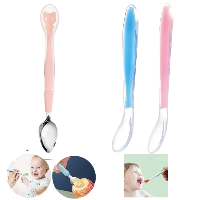 Combo of Silicone Double-Head & 2 Pcs Single-Head Feeding Spoon for Baby (Multicolor, Set of 3)