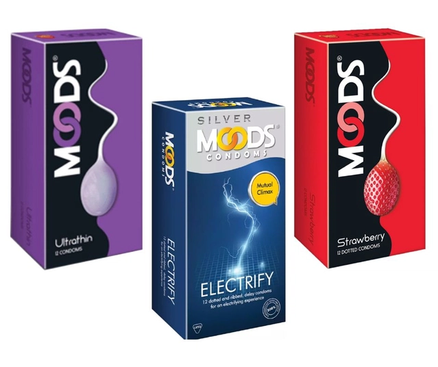 Moods Electricity with Ultra Thin & Strawberry 12 Pcs Dotted Condoms for Men (Set of 3)