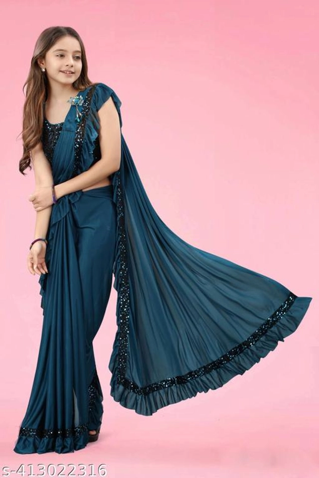 Solid Fancy Saree for Girls with Blouse (Teal, 3-4 Years)