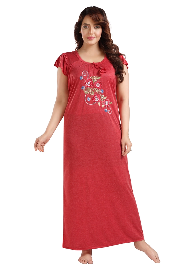 Hosiery Printed Nightdress for Women (Red, M)