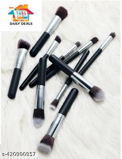 Plastic Makeup Brushes Set (Black, Set of 10)