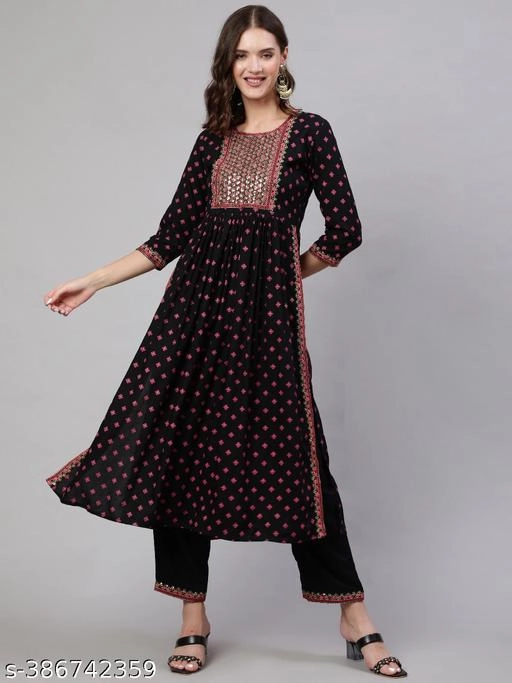 Viscose Rayon Printed Kurti with Pant for Women (Black, S)