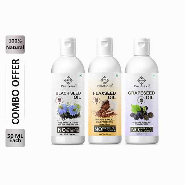 Puriflame Pure Black Seed Oil (50 ml), Flaxseed Oil (50 ml) & Grapeseed Oil (50 ml) Combo for Rapid Hair Growth (Pack Of 3) (B-9620)