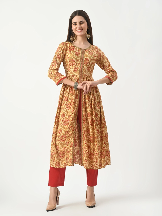 Rayon Printed Kurti with Pant for Women (Brown, M)