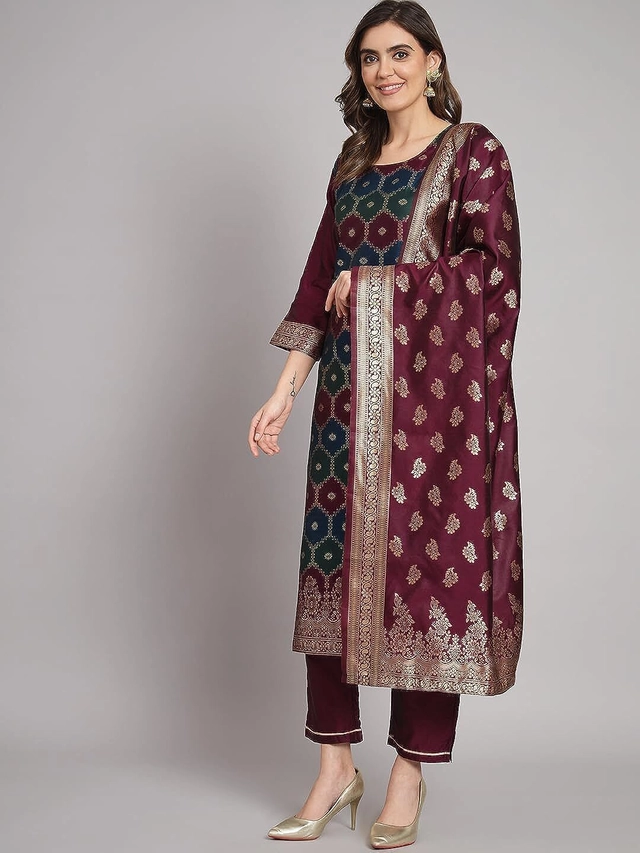 Cotton Silk Woven Kurta with Pant for Women (Multicolor, M)