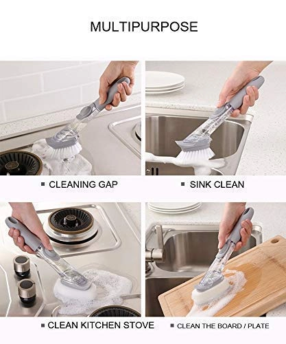 Kitchen Cleaning Brush Scrubber Dish Bowl Washing Sponge with Refill Liquid Soap Dispenser Pot Cleaner Tool Long Handle (Grey) Scrub Sponge (Medium, Pack of 1)