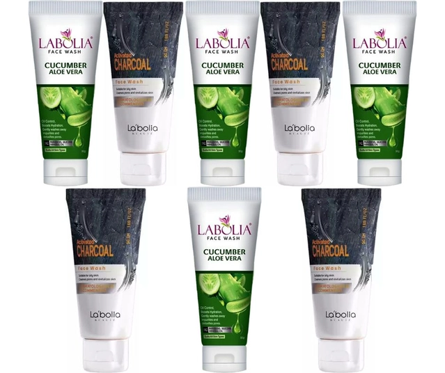 Combo of Labolia Beaute 4 Pcs Activated Charcoal & 4 Pcs Cucumber Aloe Vera Face Washes (50 g, Set of 8)