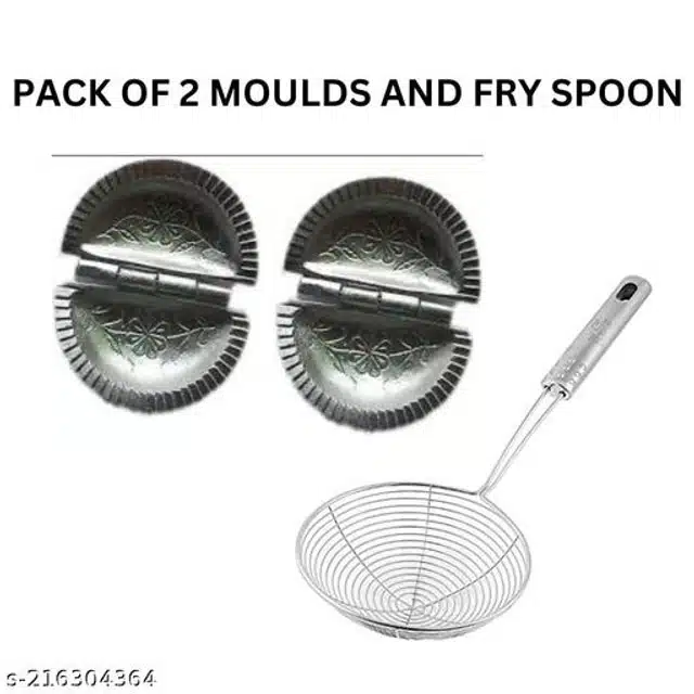 Stainless Steel Multipurpose Dumpling Maker (2 Pcs) with Deep Frying Strainer (Silver, Set of 3)