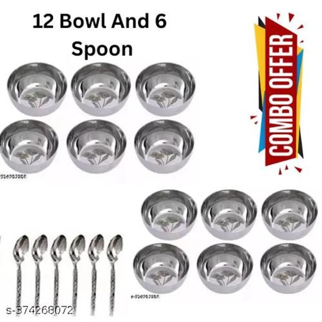 Stainless Steel 12 Pcs Bowls with 6 Pcs Spoon (Silver, Set of 2)