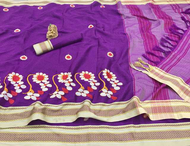 Self Design Banarasi Cotton Silk Saree (Purple) (AF-300)