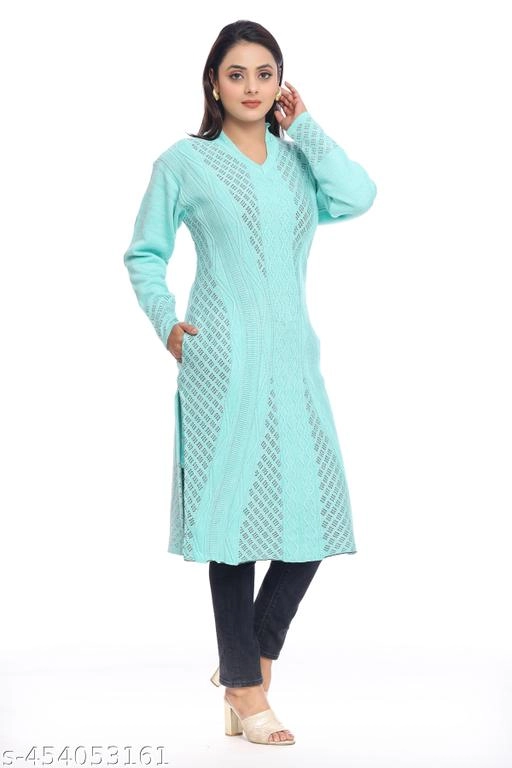 Woolen Printed Kurti for Women (Sky Blue, L)