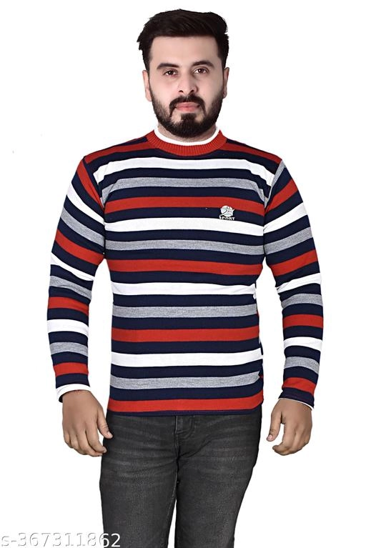 Woolen Striped Sweater for Men (Red, M)