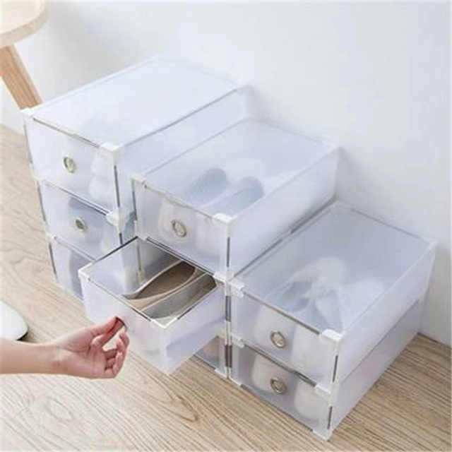 Shoe Box Storage Organizer Plastic Shoe Rack  (White, 6 Shelves, Knock Down)