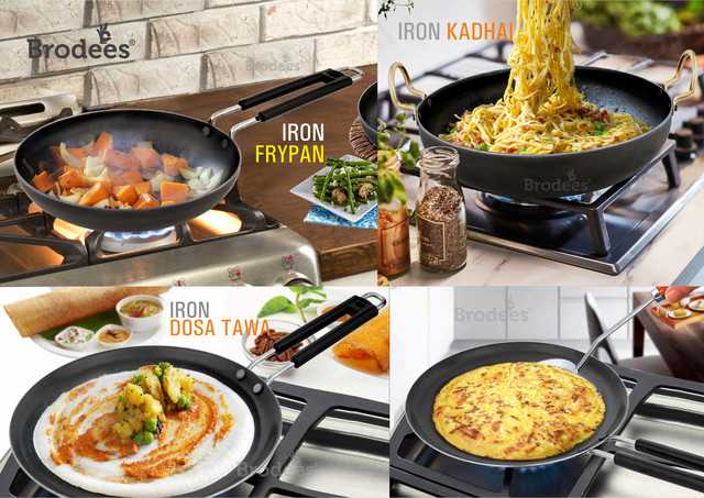 BRODEES Iron Cookware Kadahi 24 Cm Frypan 25 Cm Dosa Tawa 25.50 Cm Induction Bottom Cookware Set (Iron, 3 Piece) (Set of 3 Pcs) (A-3)