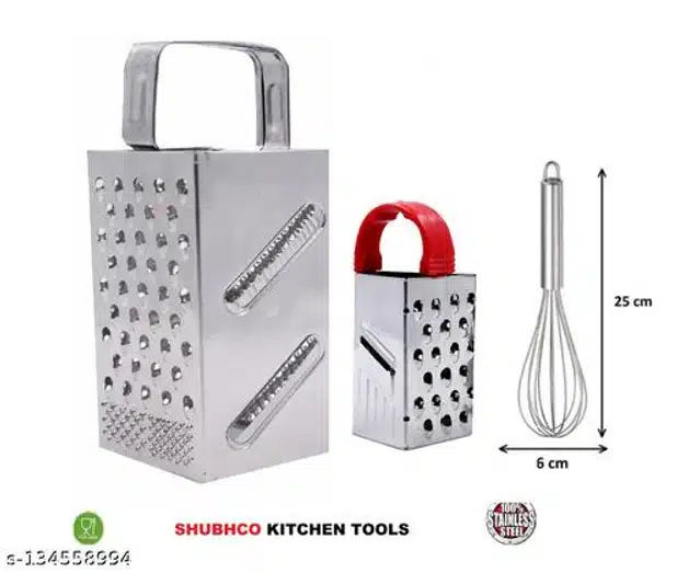 Stainless Steel Whisk with 2 Pcs Vegetable Grater cum Slicer (Red & Silver, Set of 3)