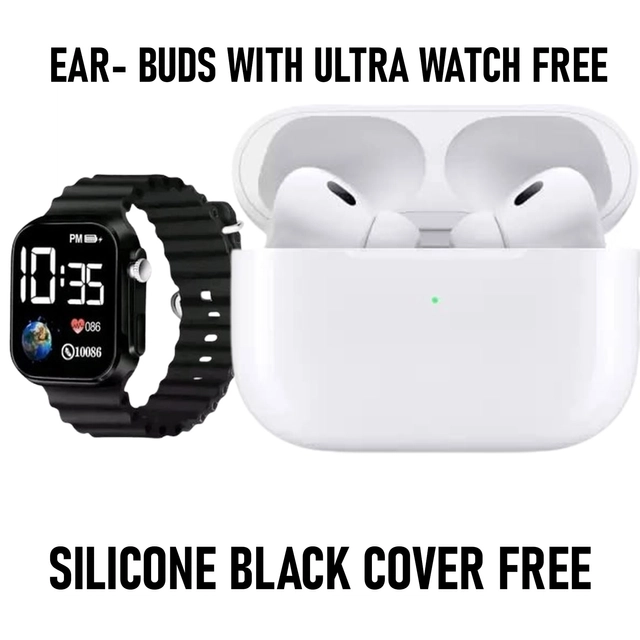 Wireless Bluetooth Earbuds with Ultra Smartwatch for Men & Women (White & Black, Set of 2)