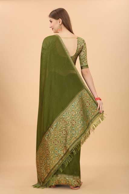SVB Vichitra Silk Women Jacquard Saree With Un-Stitched Blouse (Olive Green) (SVB-12)