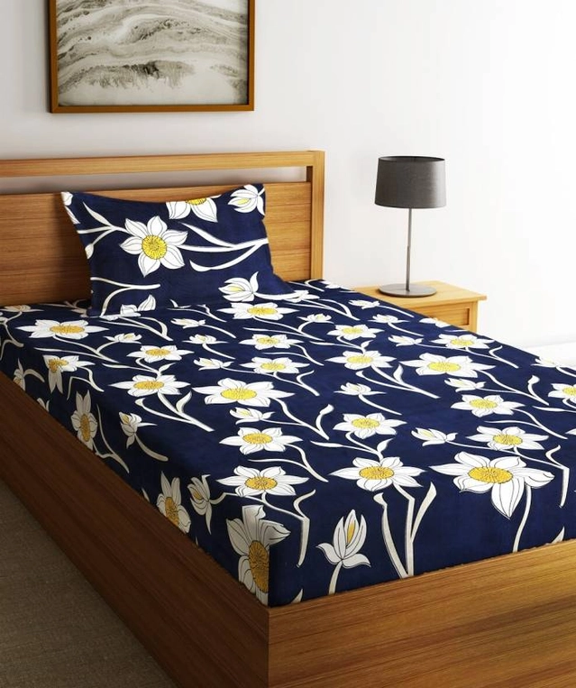 CG Homes Fitted Single Bedsheet With 1 Pillow Covers Cotton (60 X 90, Blue Floral)