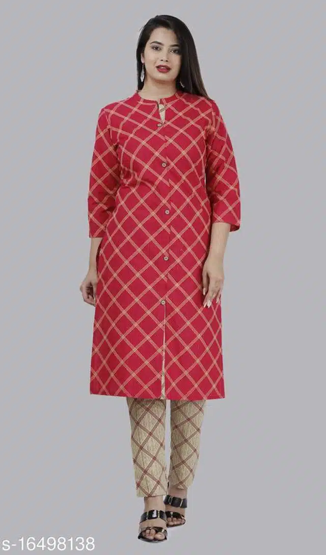 Cotton Kurti with Pant for Women (Pink, M)