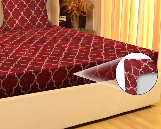 Cotton Elastic Fitted Double Bedsheet with 2 Pillow Covers (Red, 78x72 inches)