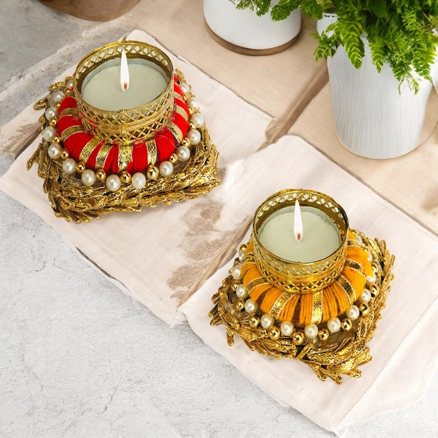 Metal Designer Tealight Candle Holder (Multicolor, 9.5x9.5x4 cm) (Pack of 2)